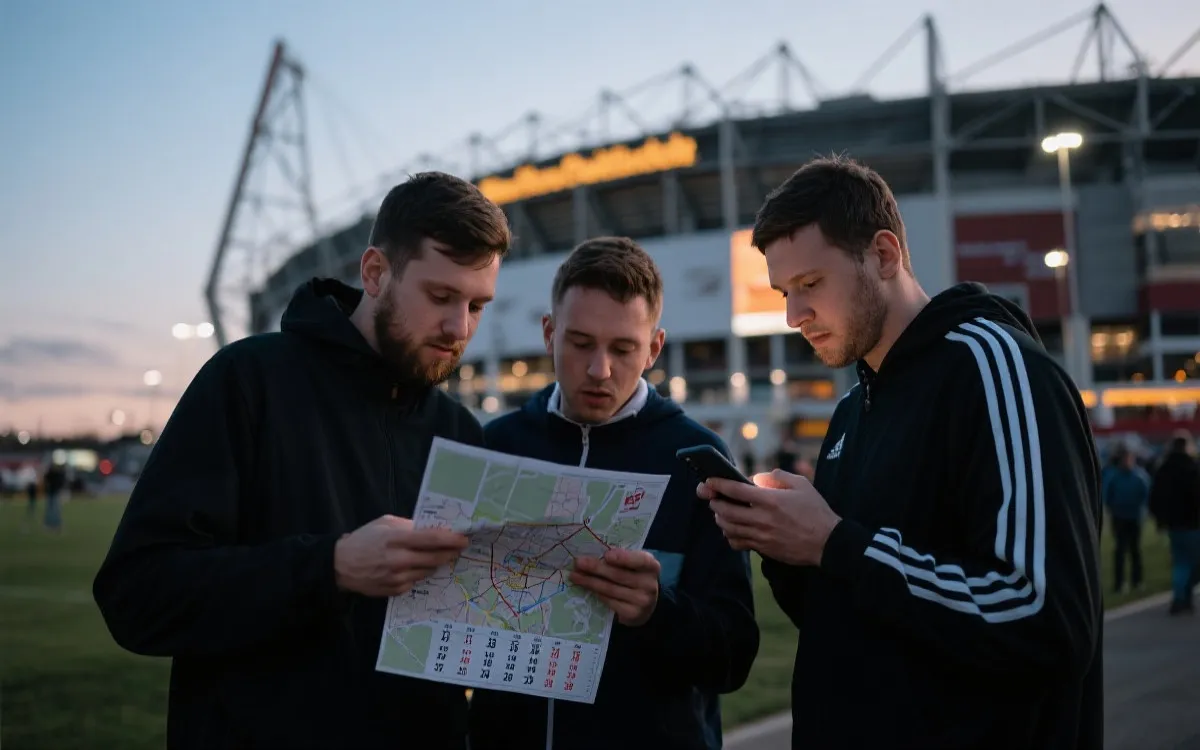 球迷在球场外查看赛程与路线规划